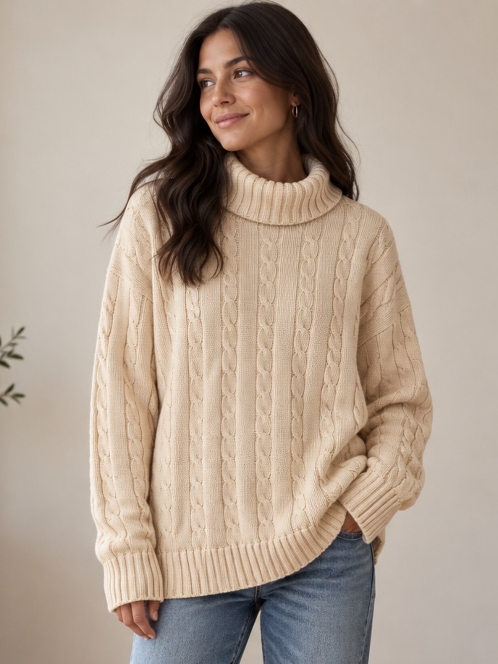 Retreat Cream Cotton Cable Knit Turtleneck Sweater XL | Coastal Cottagecore